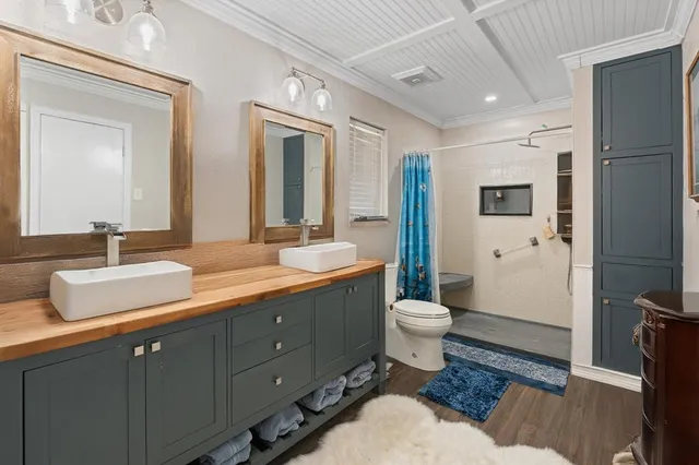 a bathroom with a double vanity sink toilet and shower