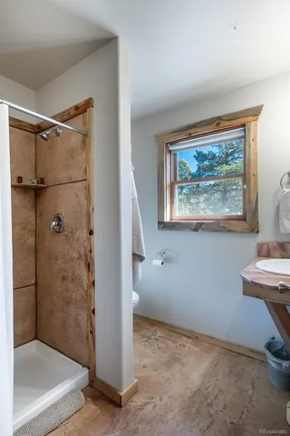 a bathroom with a shower and a toilet