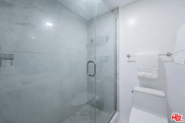 a bathroom with a shower and toilet