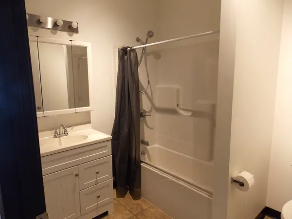 a bathroom with a shower and a sink
