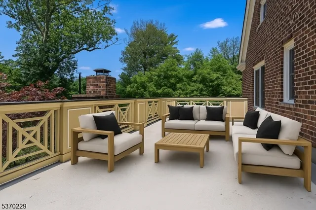 a roof deck with couches and potted plants