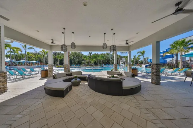 an outdoor space with seating