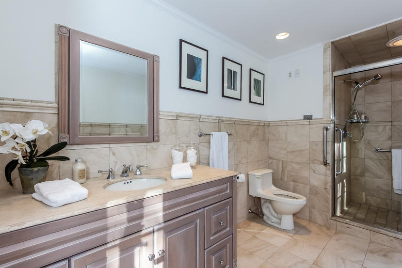40 Allwood Road Darien, CT 06820 - Photo 37 of 50 a bathroom with a granite countertop sink toilet and shower
