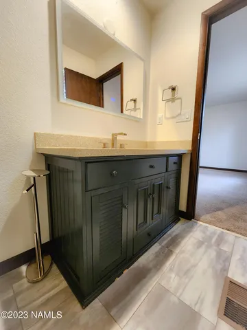 a bathroom with a sink a mirror and a shower