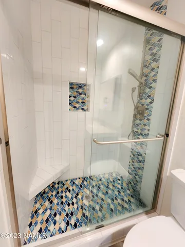 a bathroom with a shower and a toilet