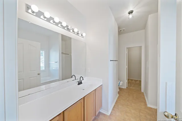 a bathroom with a double vanity sink a large mirror and shower