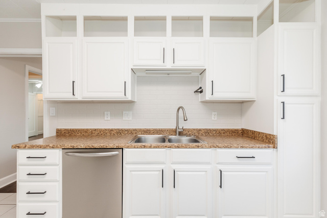 227 West 200 North Logan, UT 84321 - Photo 16 of 44 Kitchen featuring white cabinetry with black hardware, a stainless steel double basin sink, and a stainless steel dishwasher