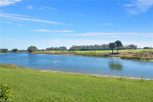 a view of a lake with houses in the back