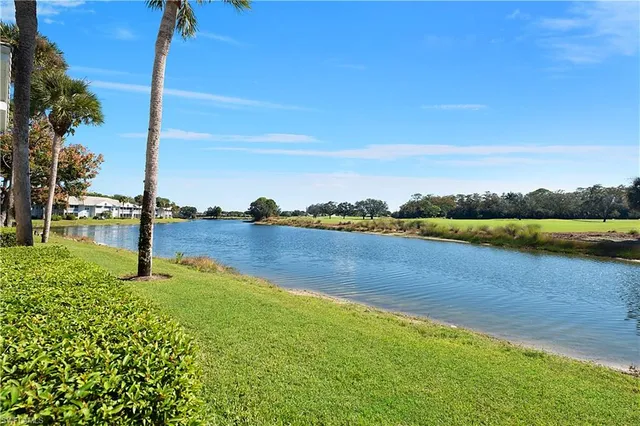a view of a lake with houses in the background