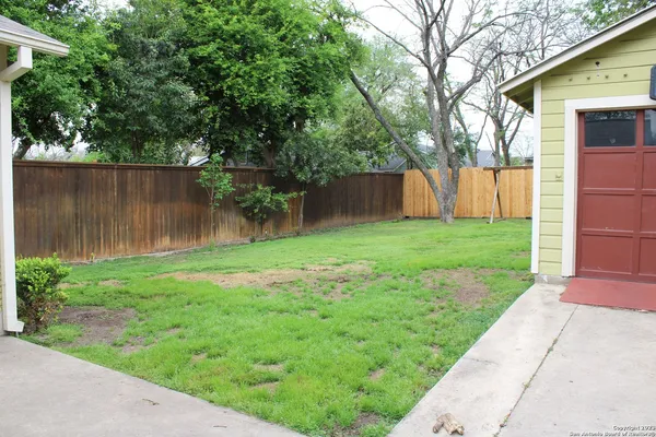 a view of a backyard with large tree