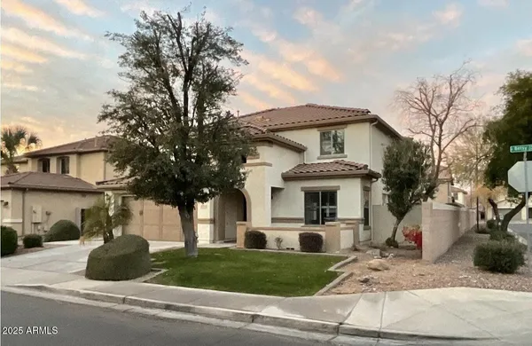 a front view of a house with garage and trees