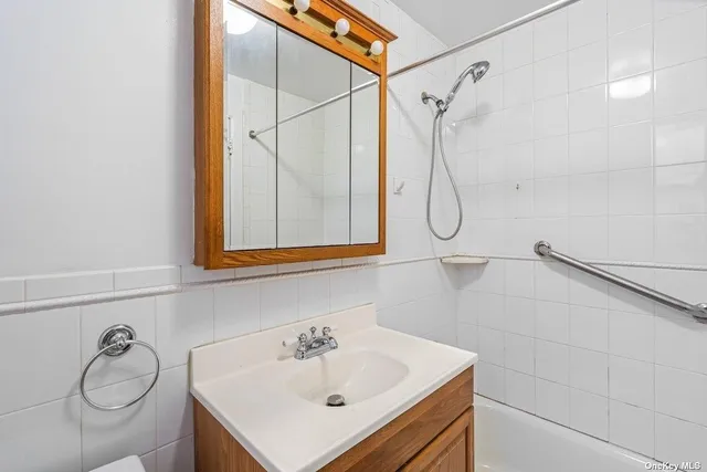 a bathroom with a sink vanity and a shower