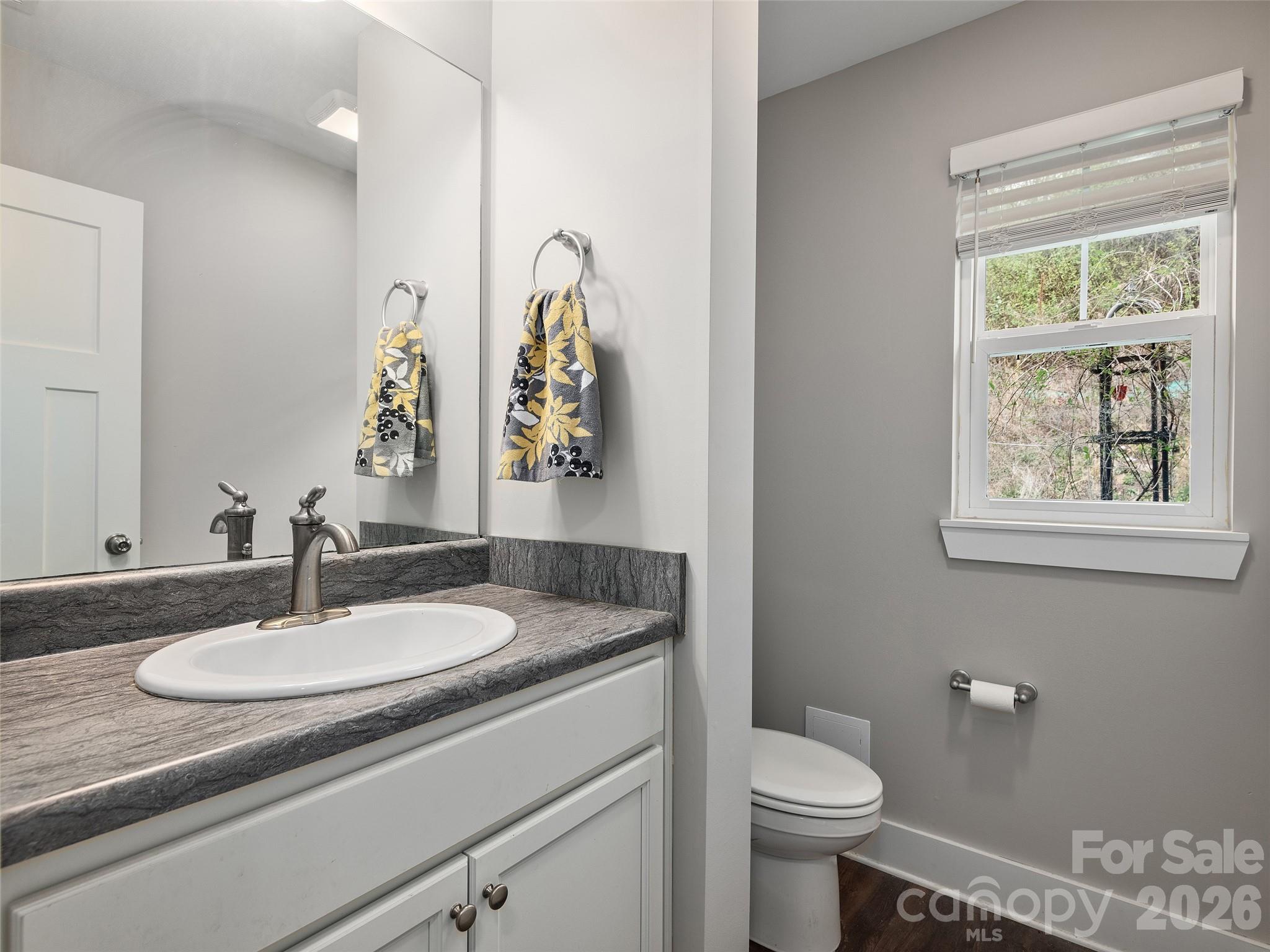 201 Stoney Point Way Candler, NC 28715 - Photo 11 of 18 a bathroom with a granite countertop sink toilet and a mirror