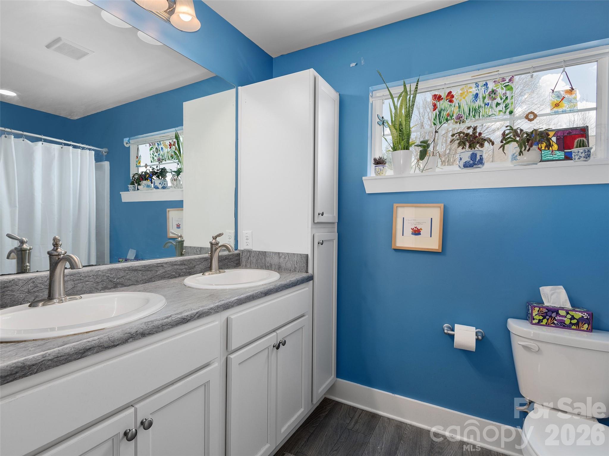 201 Stoney Point Way Candler, NC 28715 - Photo 13 of 18 a bathroom with a granite countertop sink a mirror and a toilet