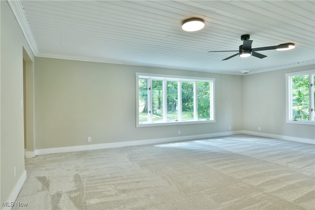 7655 Connelly Road Masury, OH 44438 - Photo 31 of 46 Spare room with light colored carpet, ceiling fan, and ornamental molding