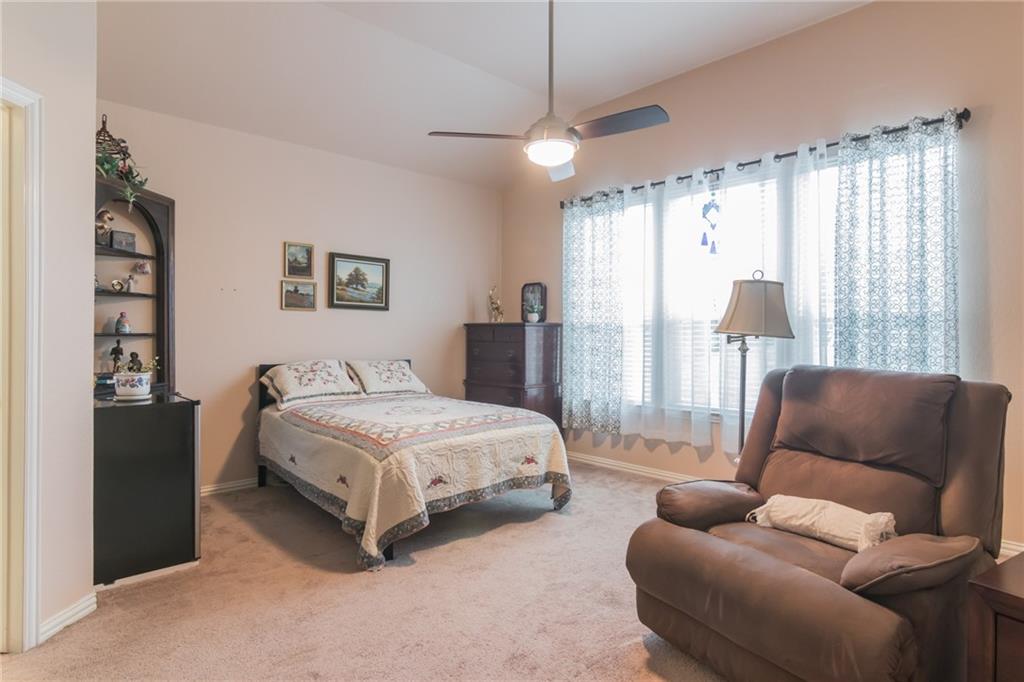 252 Pond View Pass Buda, TX 78610 - Photo 14 of 37 Bedroom with ceiling fan, carpet floors, and vaulted ceiling