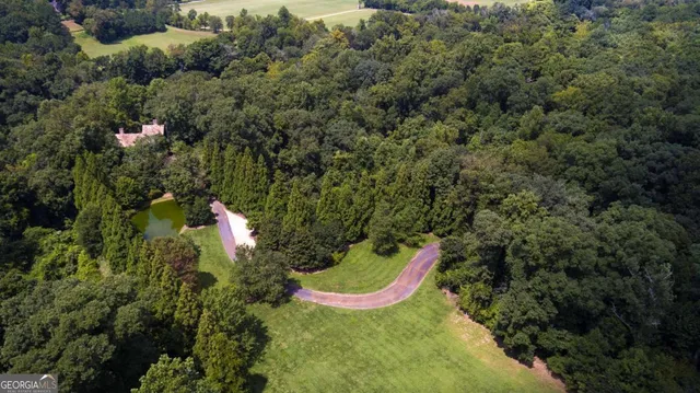 an aerial view of residential houses with outdoor space and trees