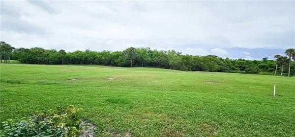 a view of grassy field with trees in the background
