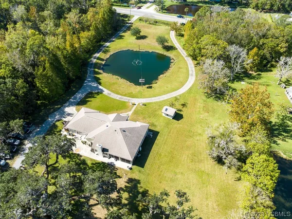 an aerial view of a swimming pool