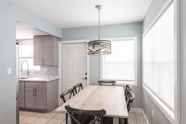 a view of a dining room with furniture window and outside view