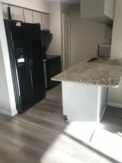 a kitchen with a refrigerator and a sink