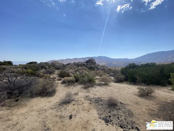 a view of a dry yard with mountains in the background
