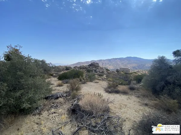 a view of a dry yard with mountains in the background