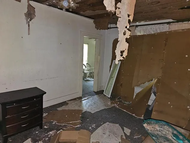 a room with table and window