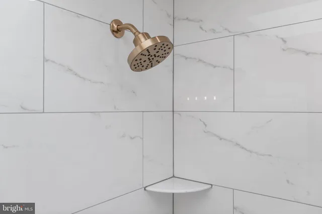 a bathroom with a fan and a shower