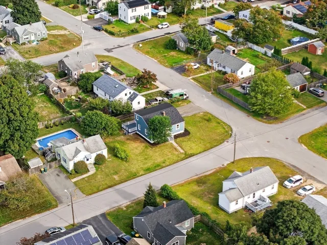 an aerial view of a swimming pool