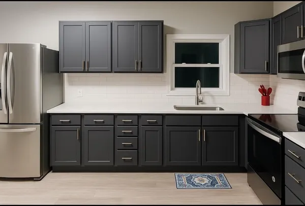 a kitchen with a refrigerator and a sink