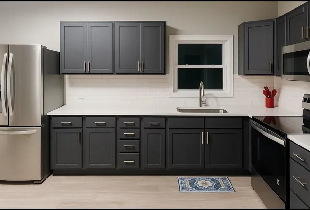 a kitchen with a refrigerator and a sink