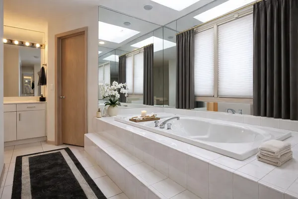 a spacious bathroom with a bathtub and a sink