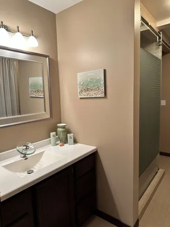 a bathroom with a sink mirror and a