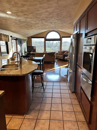 a lobby with furniture and window