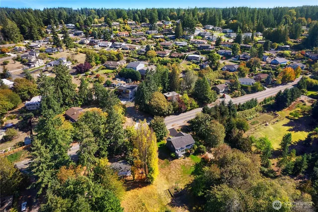an aerial view of residential houses with outdoor space and trees
