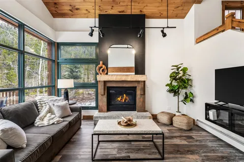 a living room with furniture a rug and a fireplace