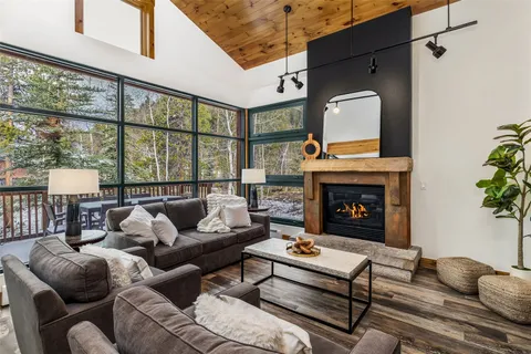 a living room with furniture a fireplace and a floor to ceiling window