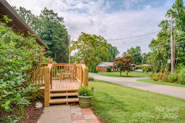 a garden view with a seating space