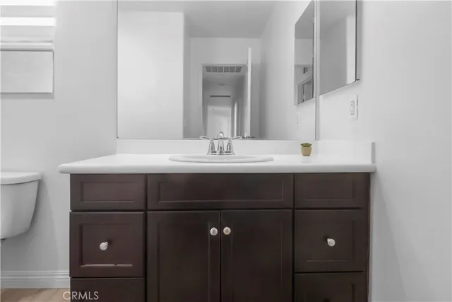 a bathroom with a sink vanity and toilet