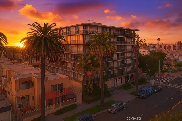 a view of a tall building with a palm tree