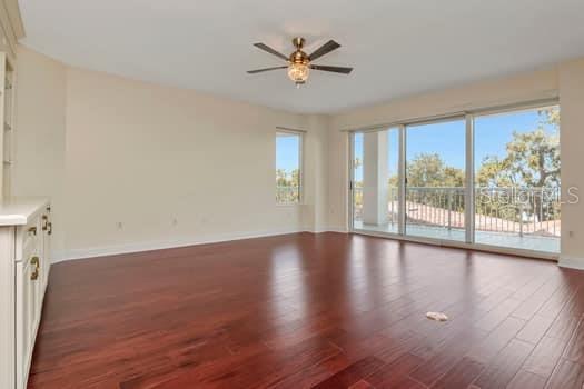 3507 Bayshore Boulevard, Unit 302 Tampa, FL 33629 - Photo 13 of 47 an empty room with wooden floor and windows with ceiling fan