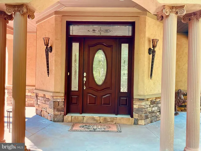 an aerial view of a house with a yard and large trees