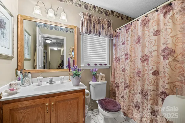 a bathroom with a granite countertop toilet sink and mirror