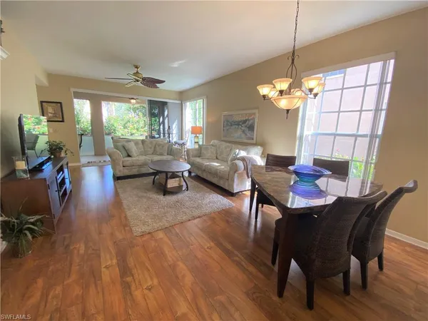 a view of a dining room with furniture window and wooden floor