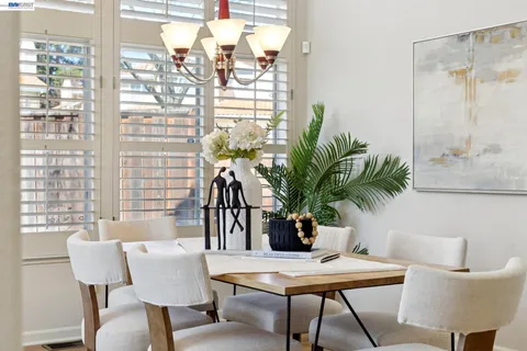 a view of a dining room with furniture a potted plant and wooden floor
