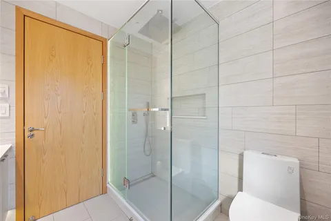 a bathroom with a shower and toilet