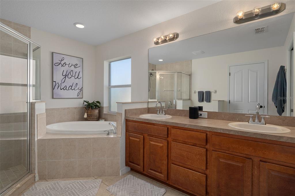 11370 Terrell Road Spring Hill, FL 34608 - Photo 32 of 54 a bathroom with a double vanity sink a mirror and a bathtub