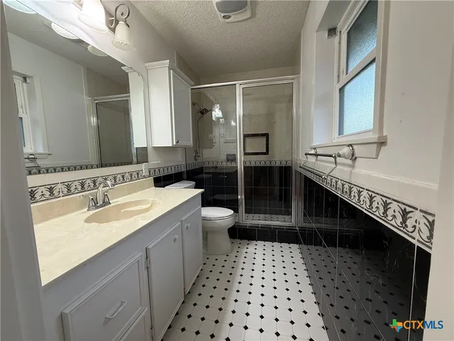 a bathroom with a sink a toilet a mirror and shower