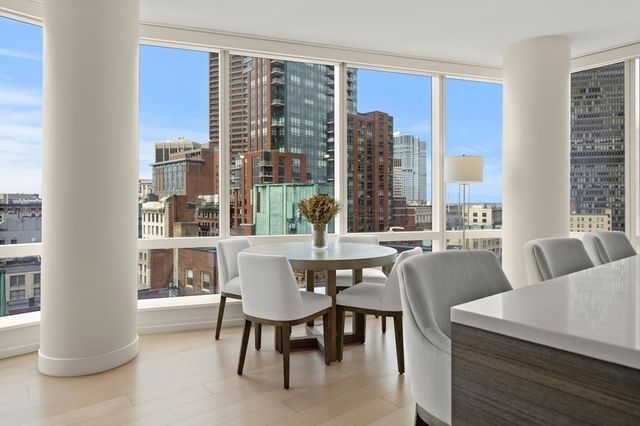 a view of a dining room with furniture window and outside view
